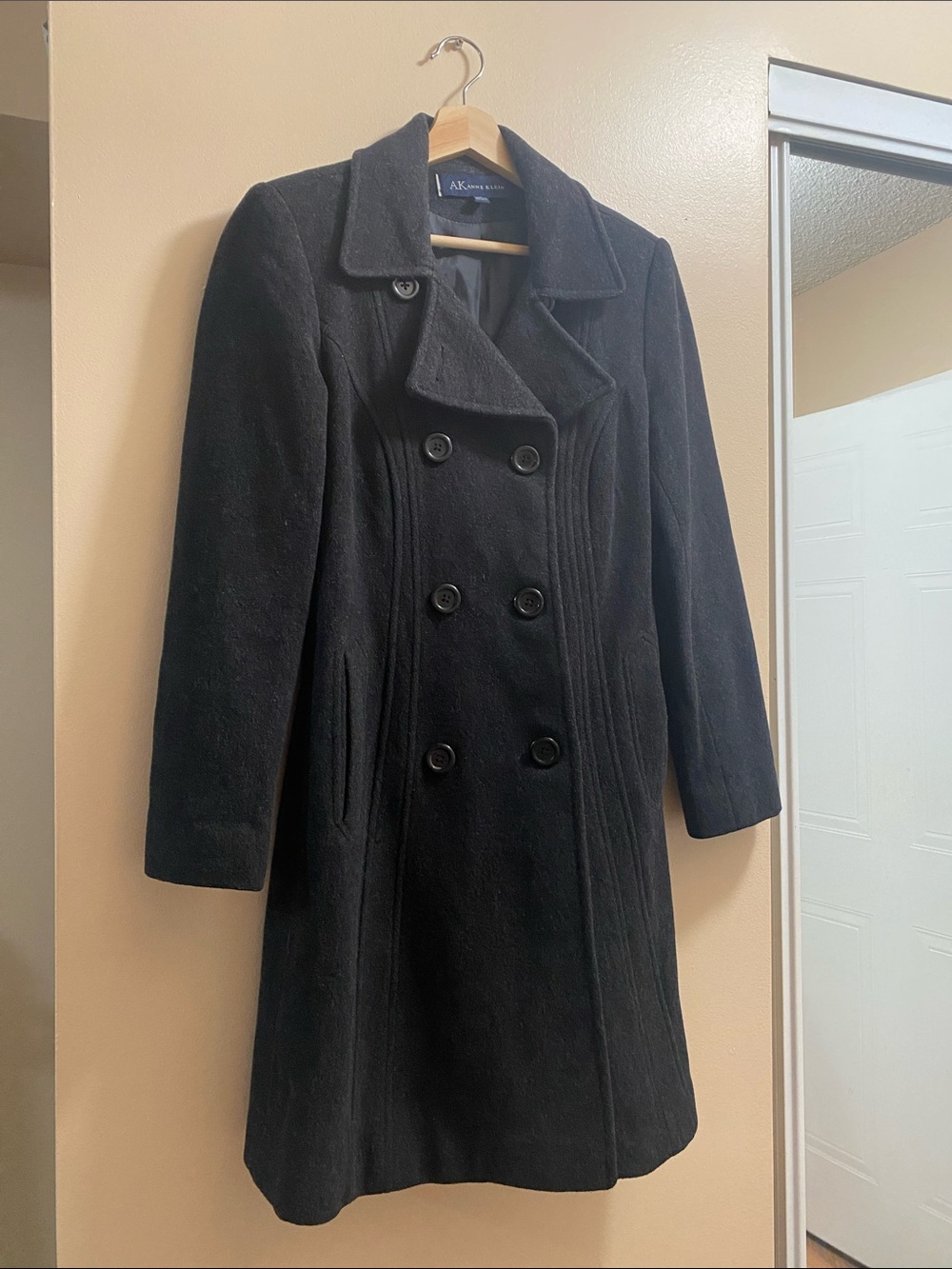 Anne Klein Black Double-Breasted Peacoat with Notch Collar